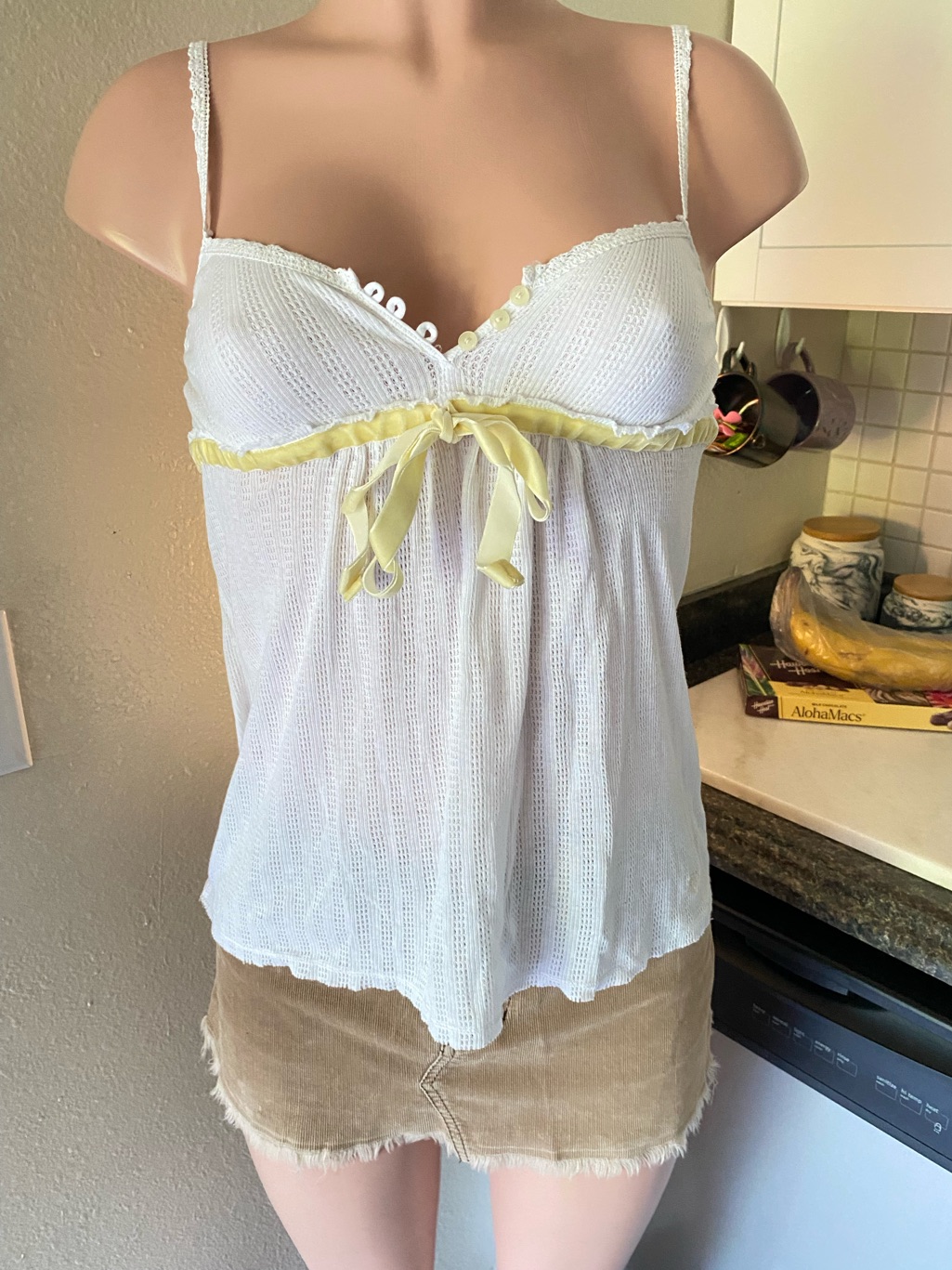 Rare Y2k Vintage Abercrombie White Eyelet Button Up Babydoll Bow Tie Tank Top